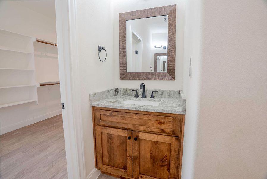 Bathroom with vanity, light wood-type flooring, and a walk in closet Bathroom with vanity, light wood-type flooring, and a walk in closet