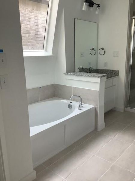 Bathroom featuring tile patterned floors, vanity, and independent shower and bath