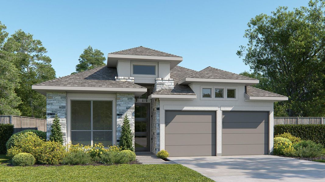 Front exterior of a new home in Amira 45', Tomball, TX, highlighting curb appeal (Image 8). Front exterior of a new home in Amira 45', Tomball, TX, highlighting curb appeal (Image 8).