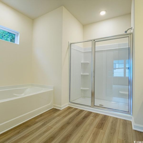 Full bathroom with a shower stall, wood finished floors, and a garden tub