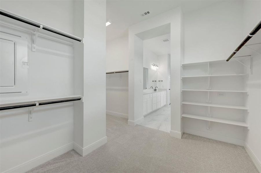 Spacious closet area with light grey carpeting Spacious closet area with light grey carpeting