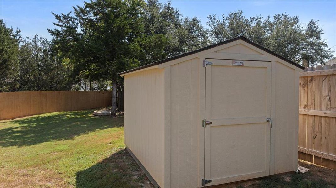 View of shed with a fenced backyard View of shed with a fenced backyard