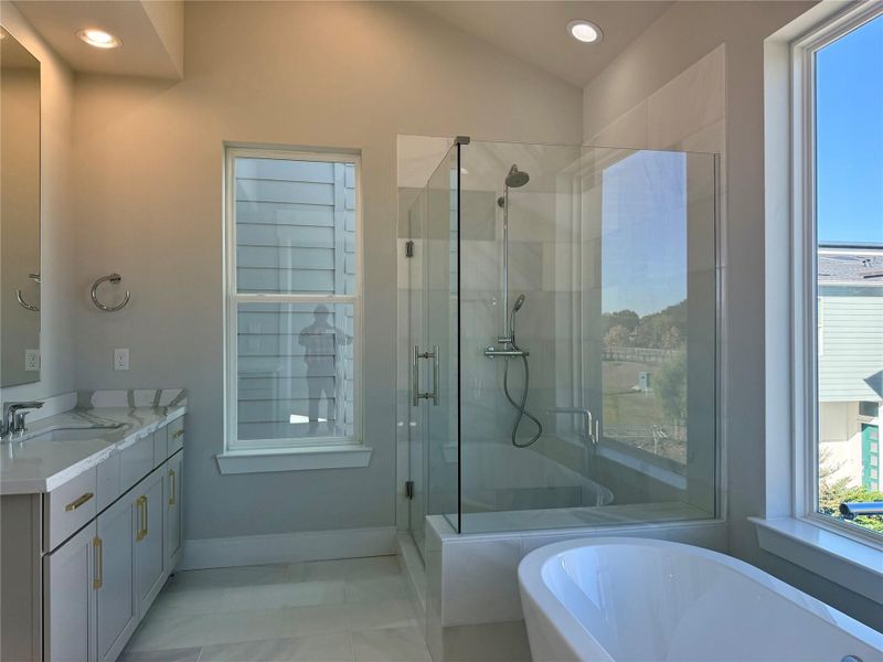 Primary Bath with Marble Floors, and Shower