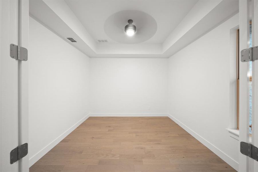 Spare room featuring light wood finished floors and a raised ceiling