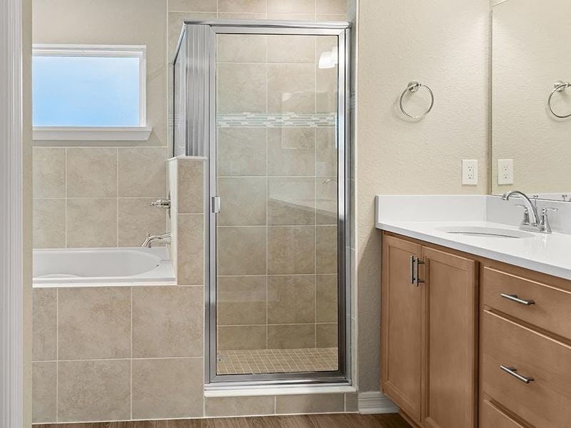 The luxurious en-suite bath includes dual vanities, a tiled shower, and a spa-like garden tub.