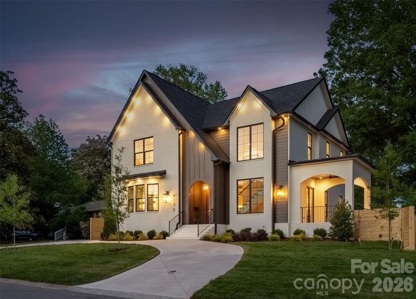 Front exterior at twilight.