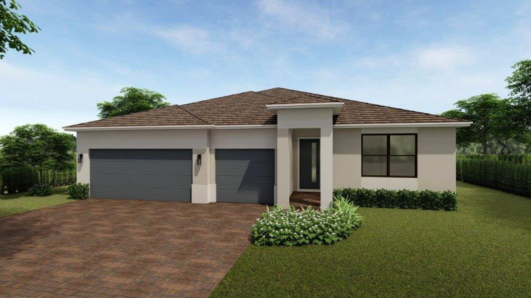 Front exterior of a new home in Capistrano, Cutler Bay, FL, highlighting curb appeal (Image 1). Front exterior of a new home in Capistrano, Cutler Bay, FL, highlighting curb appeal (Image 1).