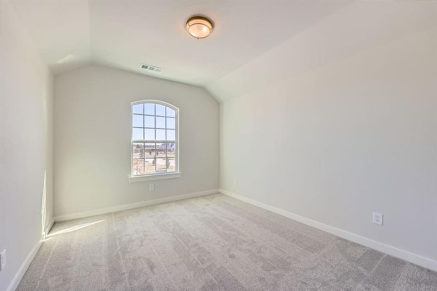 Carpeted empty room featuring lofted ceiling