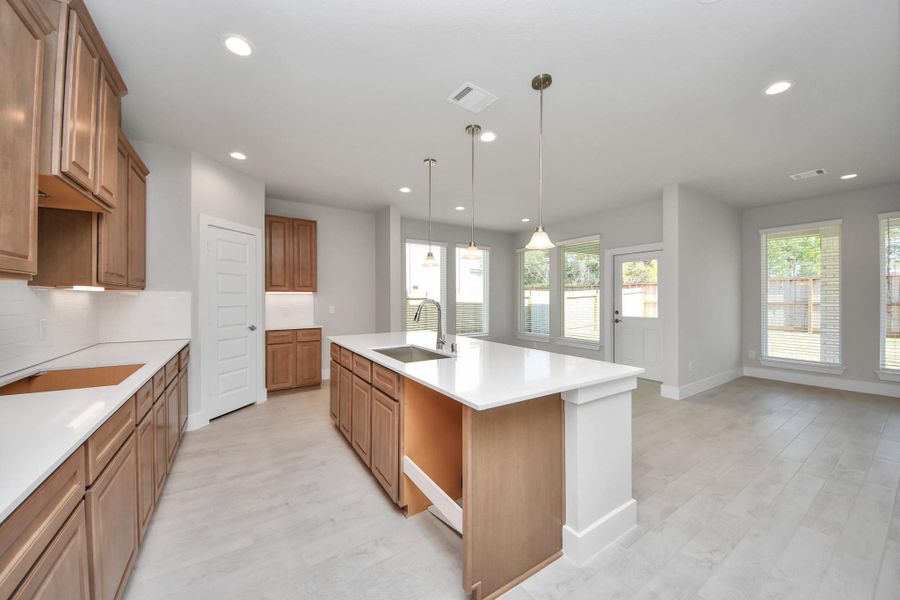 This kitchen is truly a chef's dream! This haven Boasts high ceilings, recessed & pendant lighting, stained wood cabinets, granite countertops, stainless steel appliances, a modern tile backsplash.  All of this overlooks your expansive family room, creating a perfect space for culinary delights and family gatherings.