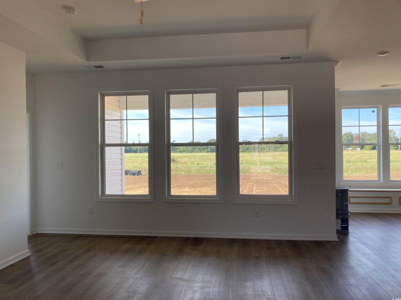 Empty room with dark wood-type flooring and baseboards