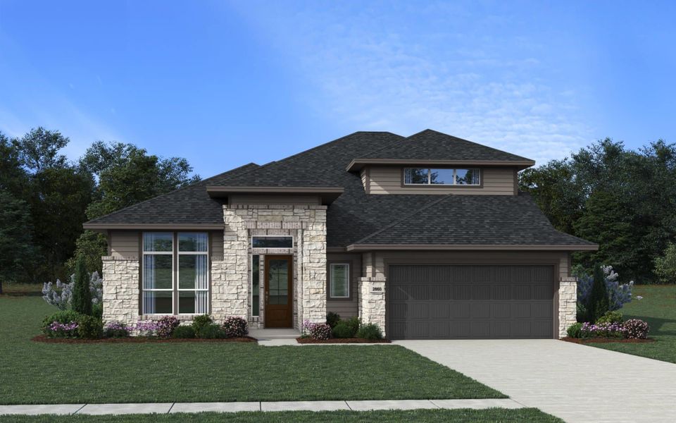 Representative exterior photo of a completed home built from the Bloomington by Chesmar Homes in Buffalo Crossing, Cibolo, TX (Image 7).
