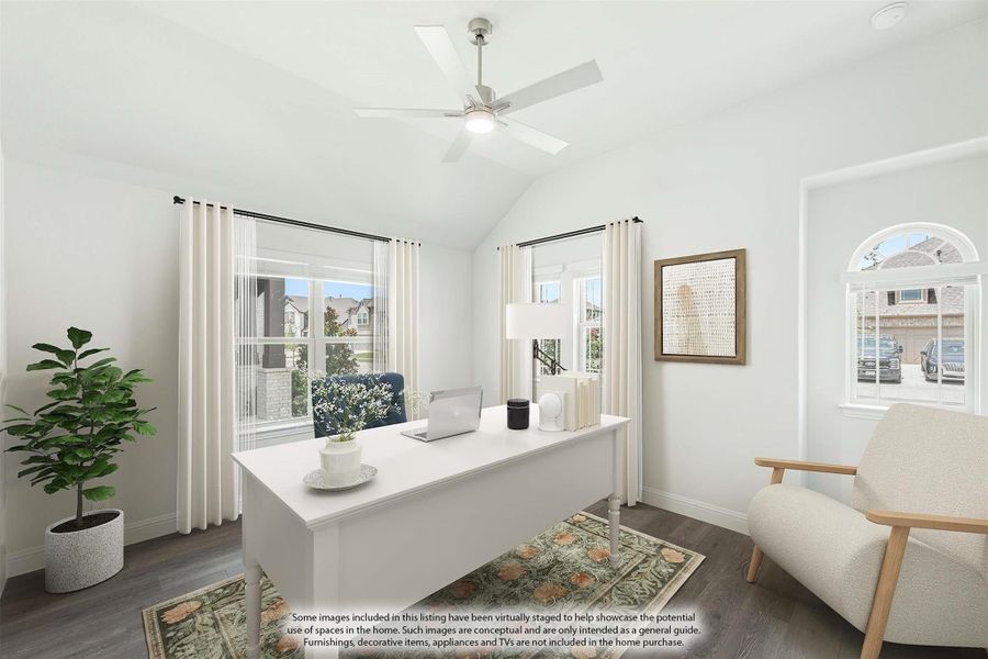 Home office with vaulted ceiling, ceiling fan, white desk, and hardwood floors Home office with vaulted ceiling, ceiling fan, white desk, and hardwood floors
