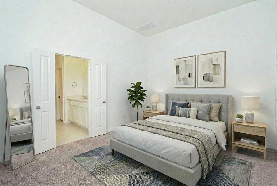 Let the sun wake you in the morning and the rich, dark skies of night lull you to sleep in this spacious primary suite. Double doors, left, open onto your primary ensuite bath. A different virtually staged option for the primary bedroom. Let the sun wake you in the morning and the rich, dark skies of night lull you to sleep in this spacious primary suite. Double doors, left, open onto your primary ensuite bath. A different virtually staged option for the primary bedroom.