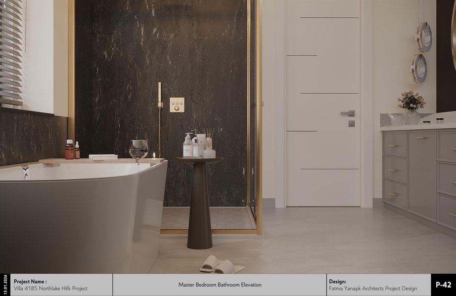 Bathroom featuring a soaking tub and vanity