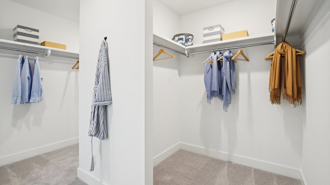 Large walk-in closet with built-in shelving and divided layout