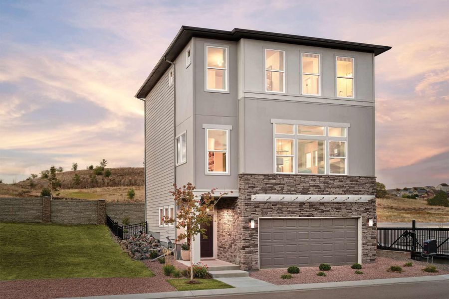 Representative exterior photo of a completed home built from the The Cherry Oak by David Weekley Homes in Trailside at Cottonwood Creek, Colorado Springs, CO (Image 1).
