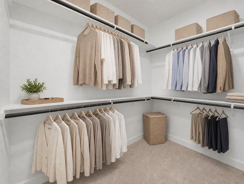 Organized hanging storage solutions define this practical and tidy closet space. Organized hanging storage solutions define this practical and tidy closet space.