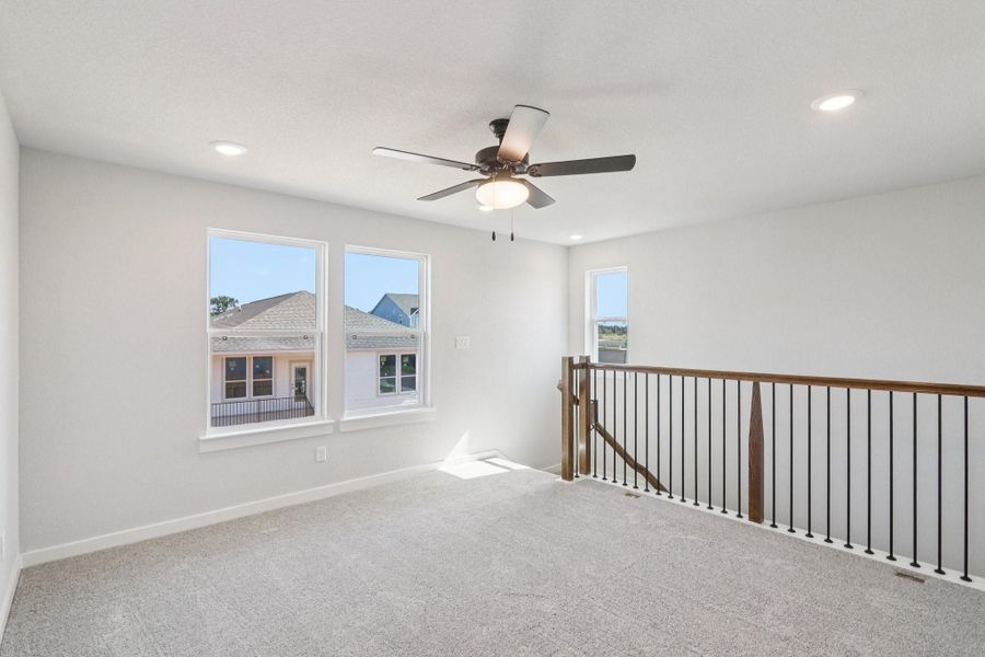 Unfurnished room featuring carpet flooring, recessed lighting, and a ceiling fan Unfurnished room featuring carpet flooring, recessed lighting, and a ceiling fan