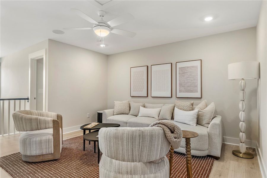 This inviting living space features warm lighting This inviting living space features warm lighting