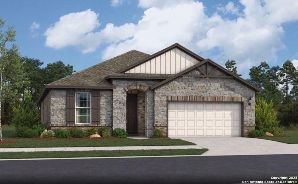 Front exterior of a new home in Comanche Ridge, San Antonio, TX, highlighting curb appeal (Image 1). Front exterior of a new home in Comanche Ridge, San Antonio, TX, highlighting curb appeal (Image 1).