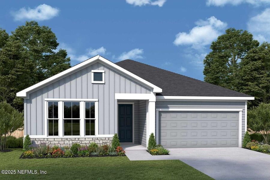 Front exterior of a new home in Tributary 50', Yulee, FL, highlighting curb appeal (Image 1).