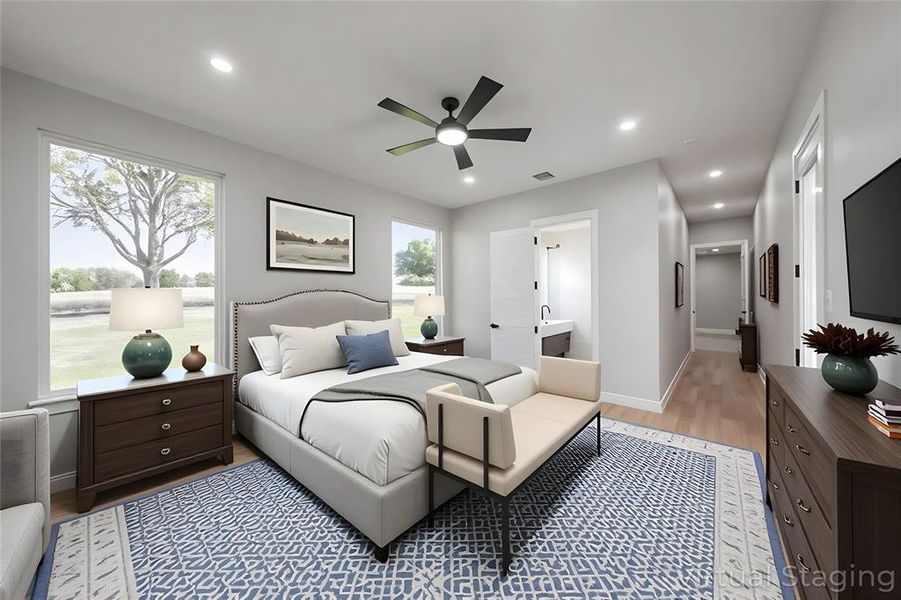 Virtually Staged Bedroom with light wood-type flooring, multiple windows, baseboards, recessed lighting, and ceiling fan Virtually Staged Bedroom with light wood-type flooring, multiple windows, baseboards, recessed lighting, and ceiling fan