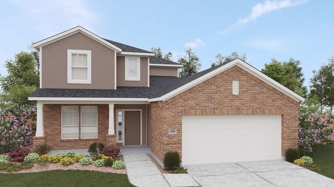 Front exterior of a new home in Hunters Glen, Jarrell, TX, highlighting curb appeal (Image 5).