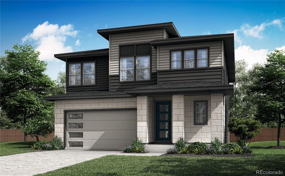 Front exterior of a new home in Prelude at Sterling Ranch, Littleton, CO, highlighting curb appeal (Image 6).