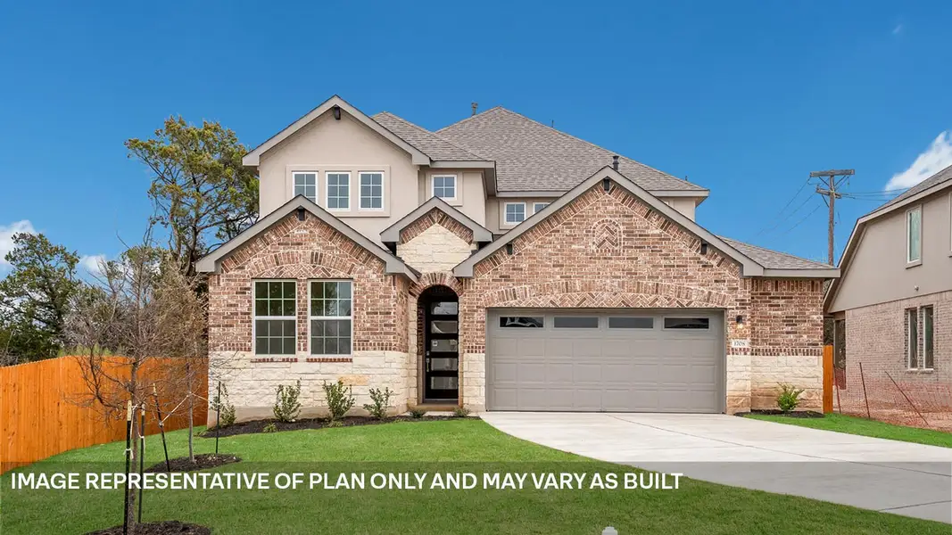 Front exterior of a new home in Rosenbusch Ranch, Leander, TX, highlighting curb appeal (Image 1). Front exterior of a new home in Rosenbusch Ranch, Leander, TX, highlighting curb appeal (Image 1).