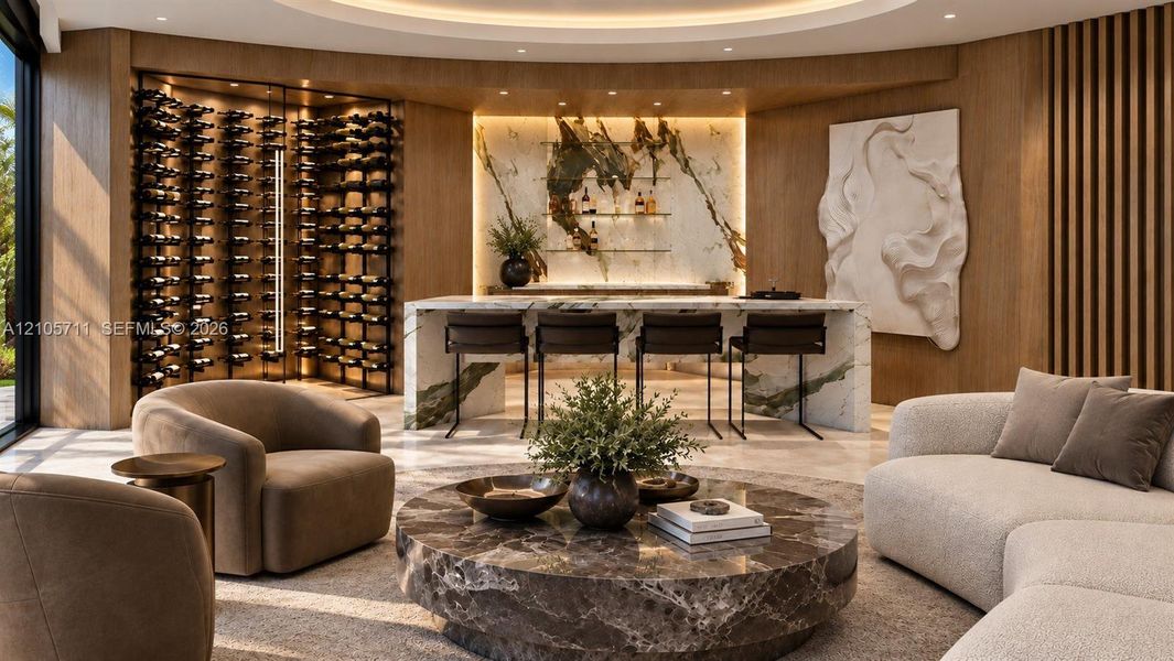 Custom wet bar featuring a stone-topped island with waterfall edges, floor-to-ceiling glass-enclosed wine display, recessed cove lighting, and wood-paneled walls with vertical slat accents