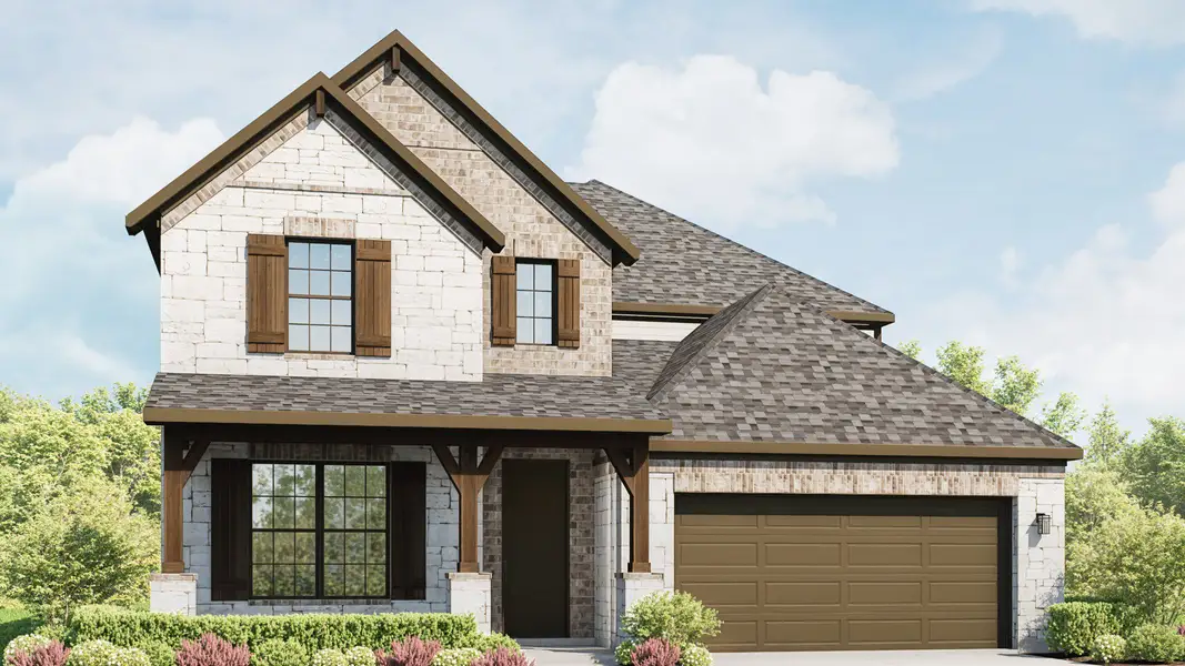 Representative exterior photo of a completed home built from the Elm by DRB Homes in Whisper South, San Marcos, TX (Image 5). Representative exterior photo of a completed home built from the Elm by DRB Homes in Whisper South, San Marcos, TX (Image 5).