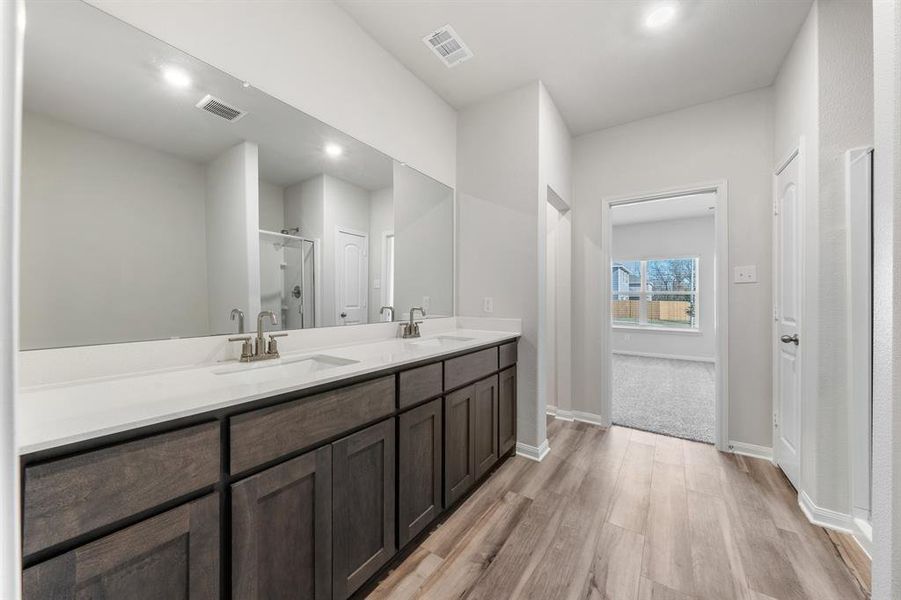 Bathroom with vanity, hardwood / wood-style flooring, and walk in shower