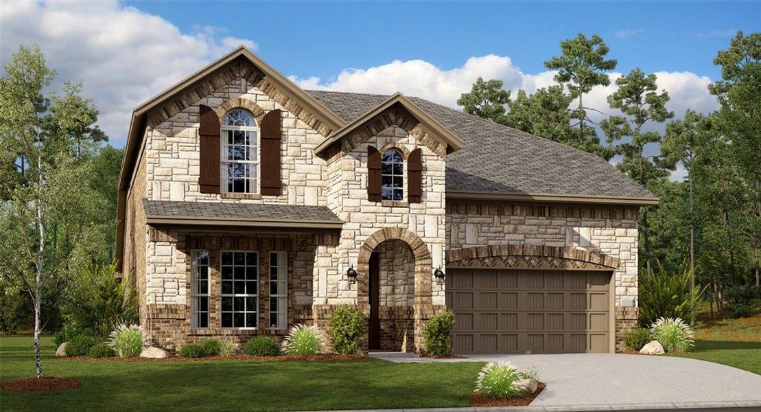 French provincial home with a front lawn and a garage