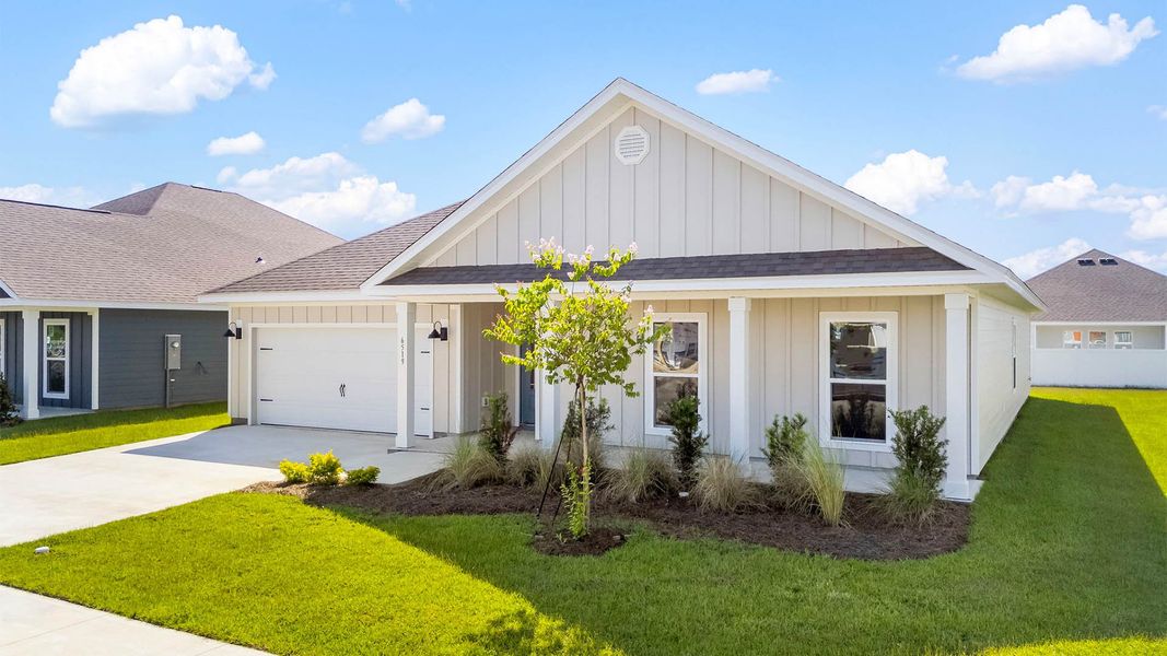 Front exterior of a new home in Liberty, Panama City, FL, highlighting curb appeal (Image 2). Front exterior of a new home in Liberty, Panama City, FL, highlighting curb appeal (Image 2).