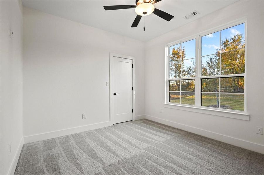 Spare room featuring carpet flooring and ceiling fan