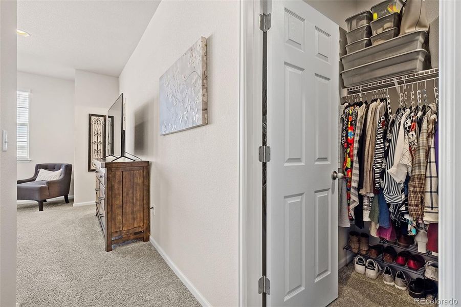 Entrance to primary suite, large walk-in closet.