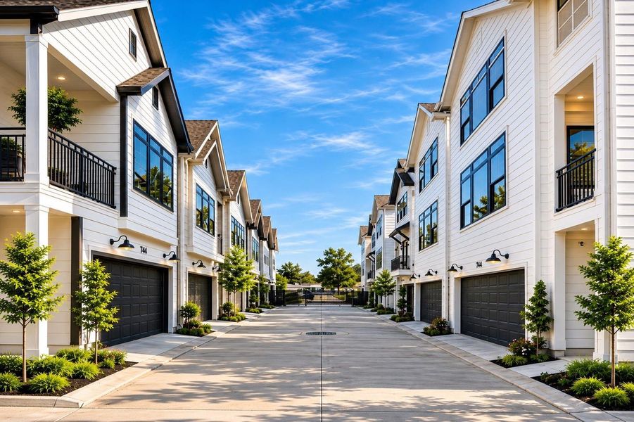 Private gated drive framed by cohesive architecture and manicured landscaping.