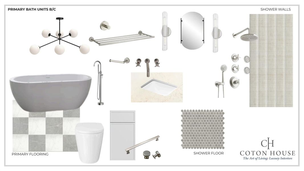 Unit B/C Primary Bathroom selections. Final selections are subject to change due to availability or curated design.