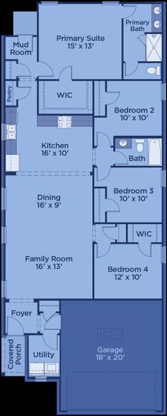 2D floor plan layout for the Chisholm by UnionMain Homes in Reunion, Rhome, TX (Image 4).