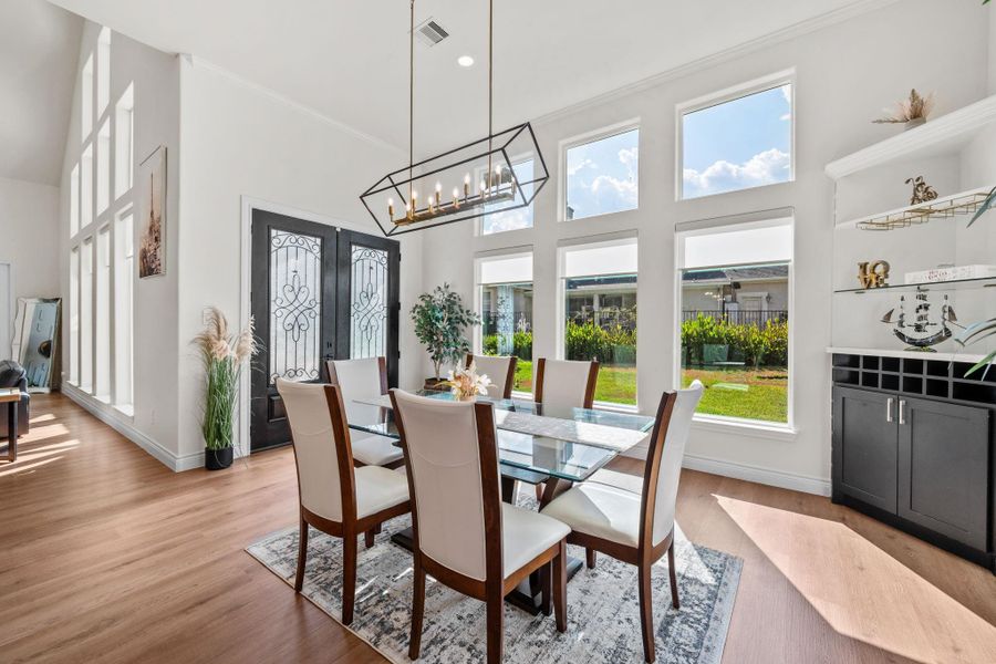 The dining area has plenty of space for a larger table.