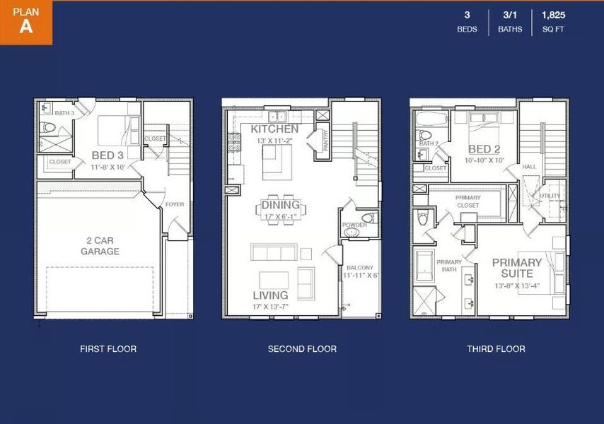 Floor Plan A - 3 Stories | 3 bedrooms | 3.5 Baths Floor Plan A - 3 Stories | 3 bedrooms | 3.5 Baths