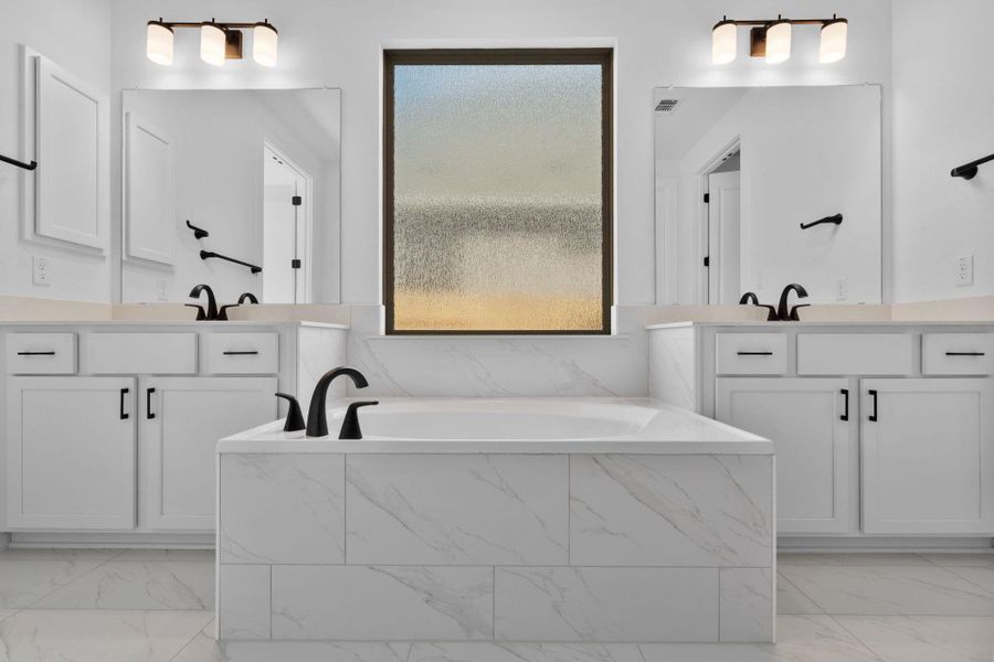 Primary Bath retreat with dual vanities & garden tub