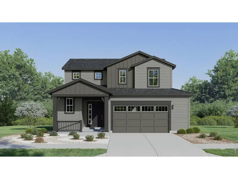 Front exterior of a new home in Timber Lark, Fort Collins, CO, highlighting curb appeal (Image 1). Front exterior of a new home in Timber Lark, Fort Collins, CO, highlighting curb appeal (Image 1).