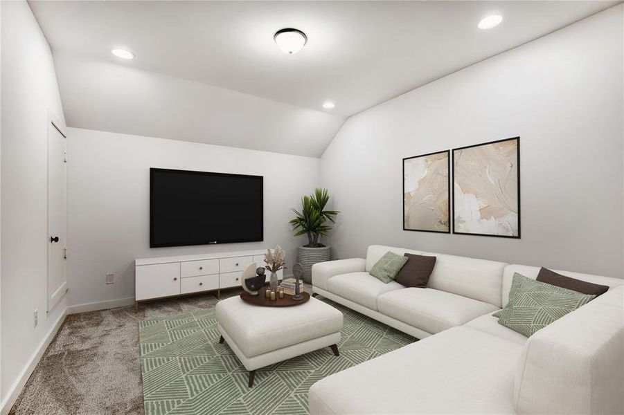 VIRTUALLY STAGED PHOTO - Vaulted ceiling family room featuring recessed lighting, a built-in media console, and carpeted flooring