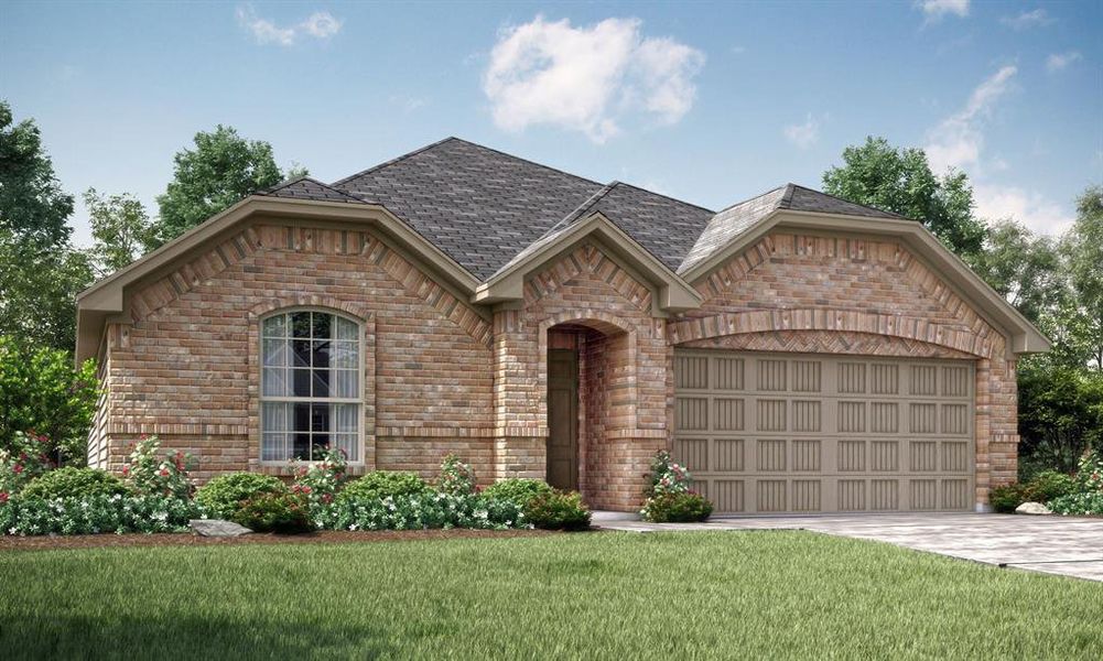 View of front facade with a front yard and a garage