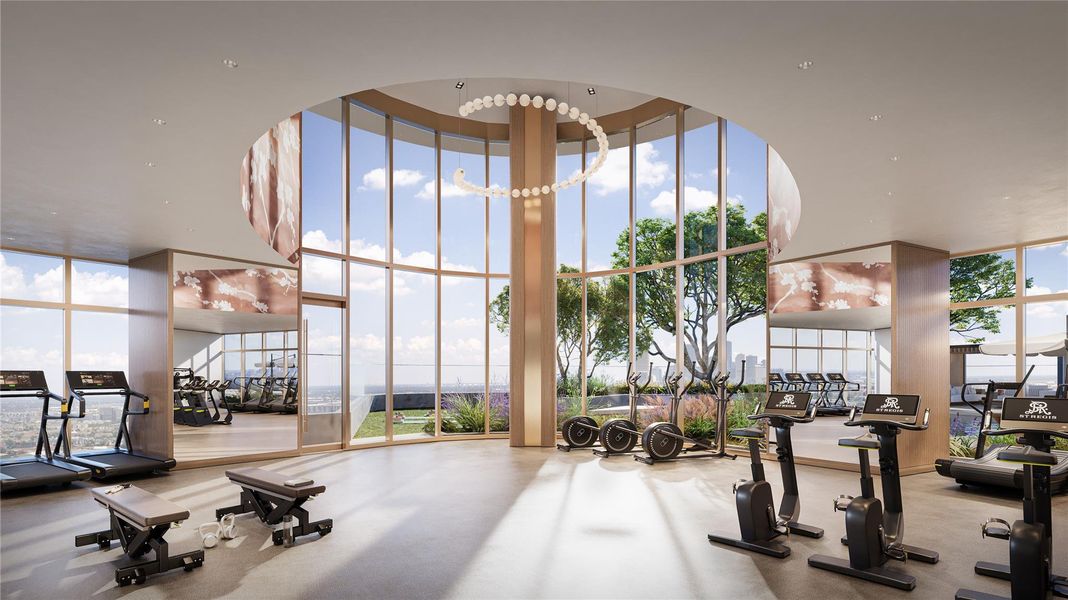 The expansive athletic center to be equipped with precision engineered cardio and weight systems, an adjoining movement studio, and terrace that leads to the yoga lawn. The hot and cold plunge pools, as well as butterfly garden can be accessed from this terrace space, as well.