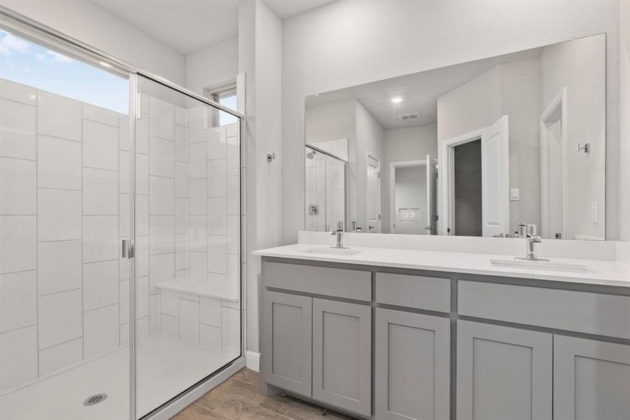 Bathroom with a shower with door and vanity