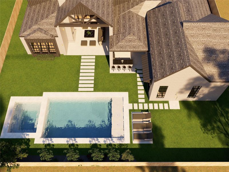 Designed for seamless indoor-outdoor living, this backyard retreat unfolds with intention—from the covered patio to the resort-style pool beyond. Layered spaces invite both lively gatherings and quiet moments under the open sky.