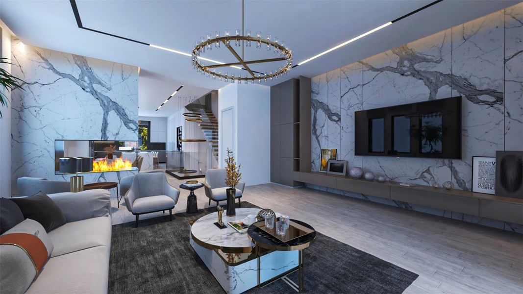 Modern living room with sleek marble walls, a cozy fireplace, and stylish furnishings. Features a large TV, elegant lighting, and open space leading to a dining area. Perfect for contemporary living. Virtually staged. Modern living room with sleek marble walls, a cozy fireplace, and stylish furnishings. Features a large TV, elegant lighting, and open space leading to a dining area. Perfect for contemporary living. Virtually staged.