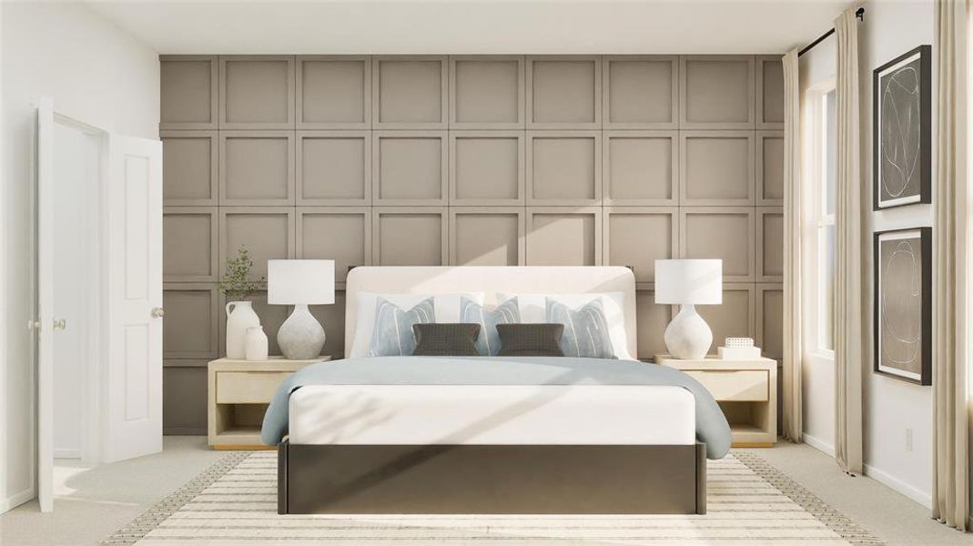 Bedroom featuring light carpet and a decorative wall Bedroom featuring light carpet and a decorative wall